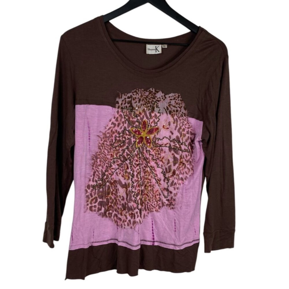 Shana K Top Women's Brown Pink Sz XL Animal Print Embellished Boho Art Unique